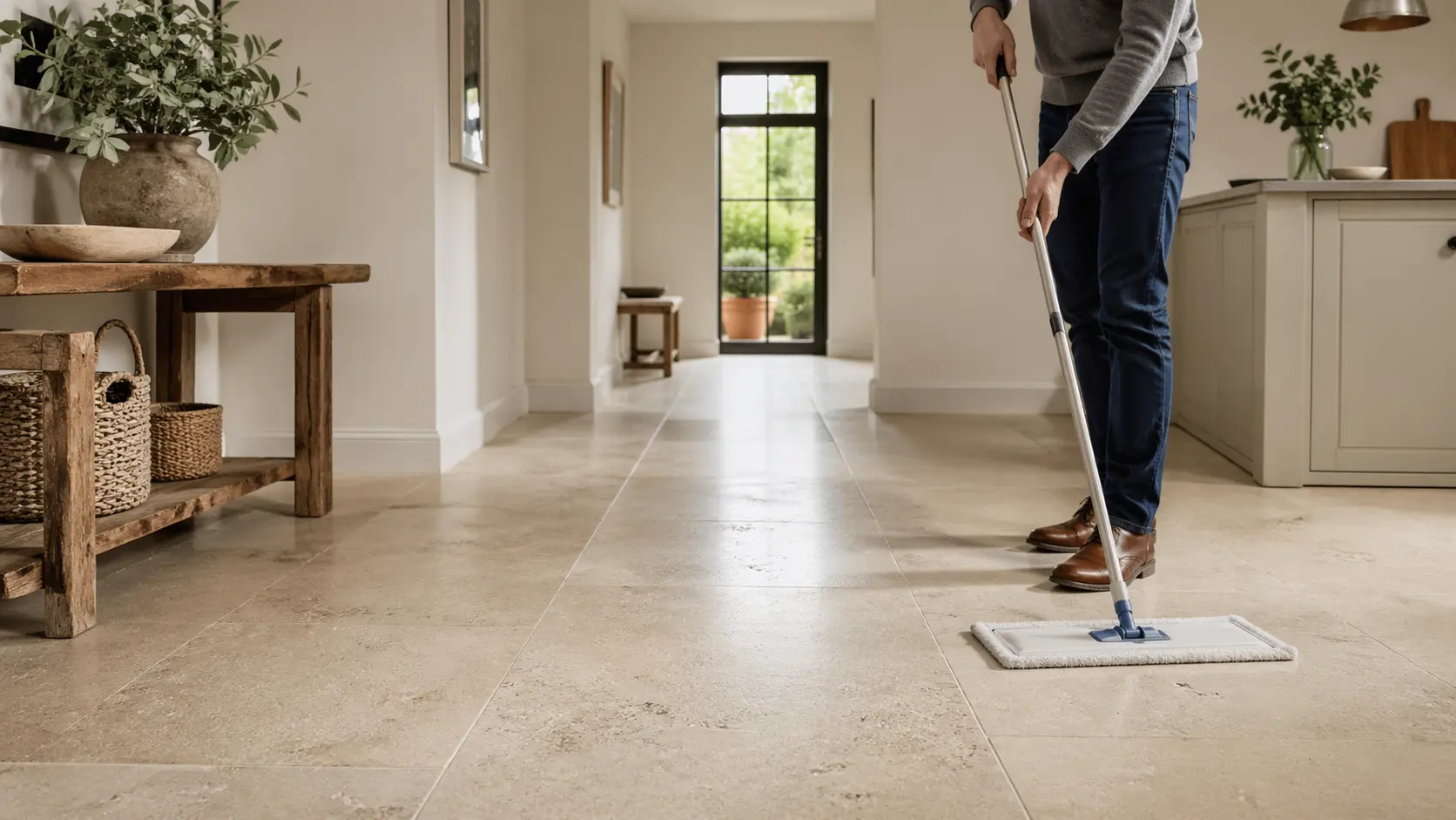 Homeowner mopping a honed limestone hallway floor with a flat damp mop, routine aftercare