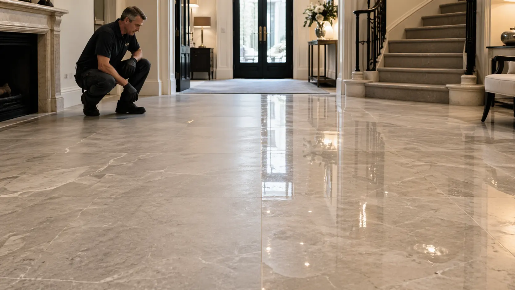 Technician operating a rotary floor polisher on marble flooring in a London period hallway