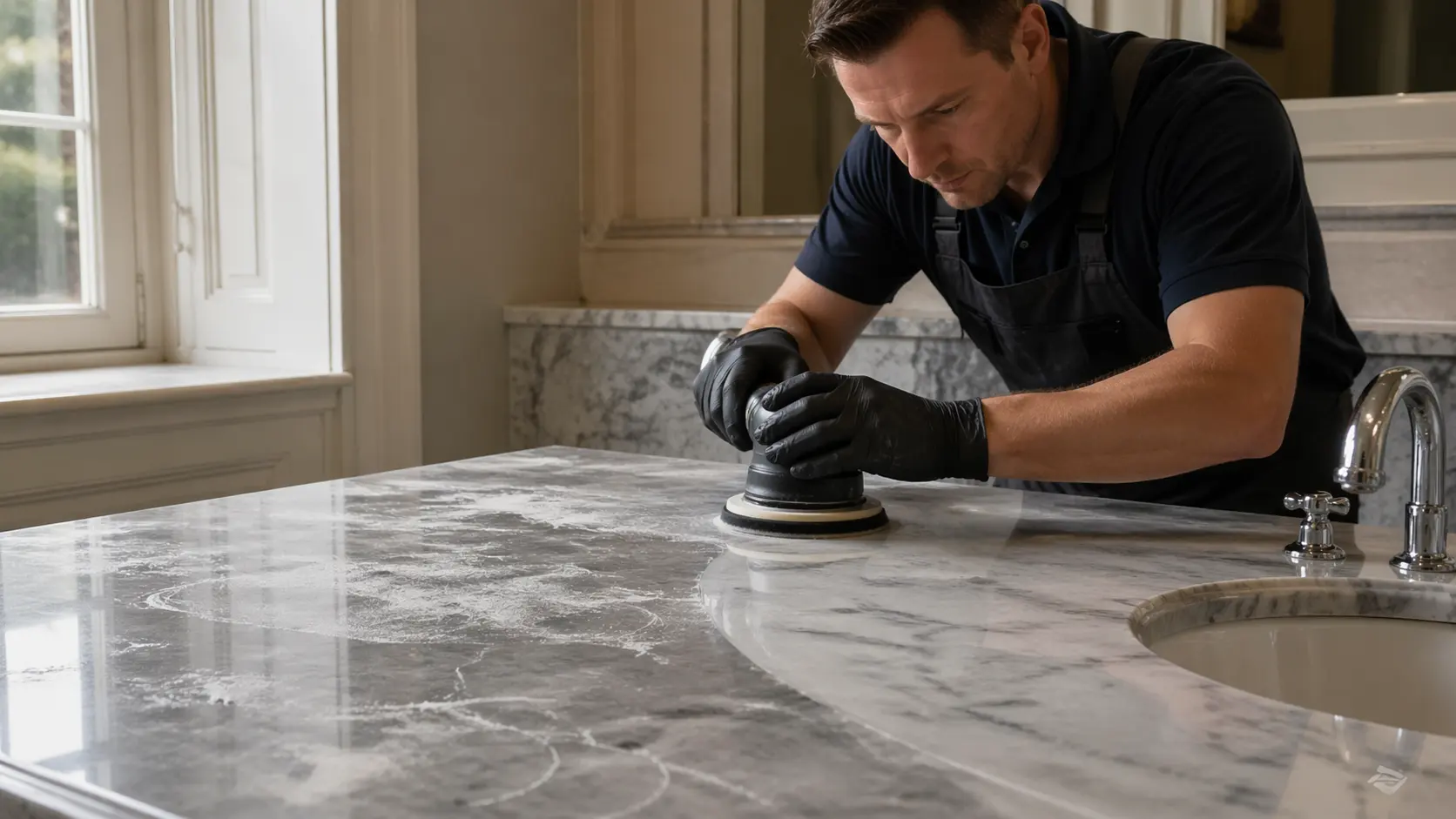 Craftsman with gloves using a hand polisher to remove etch marks from a Carrara marble vanity top