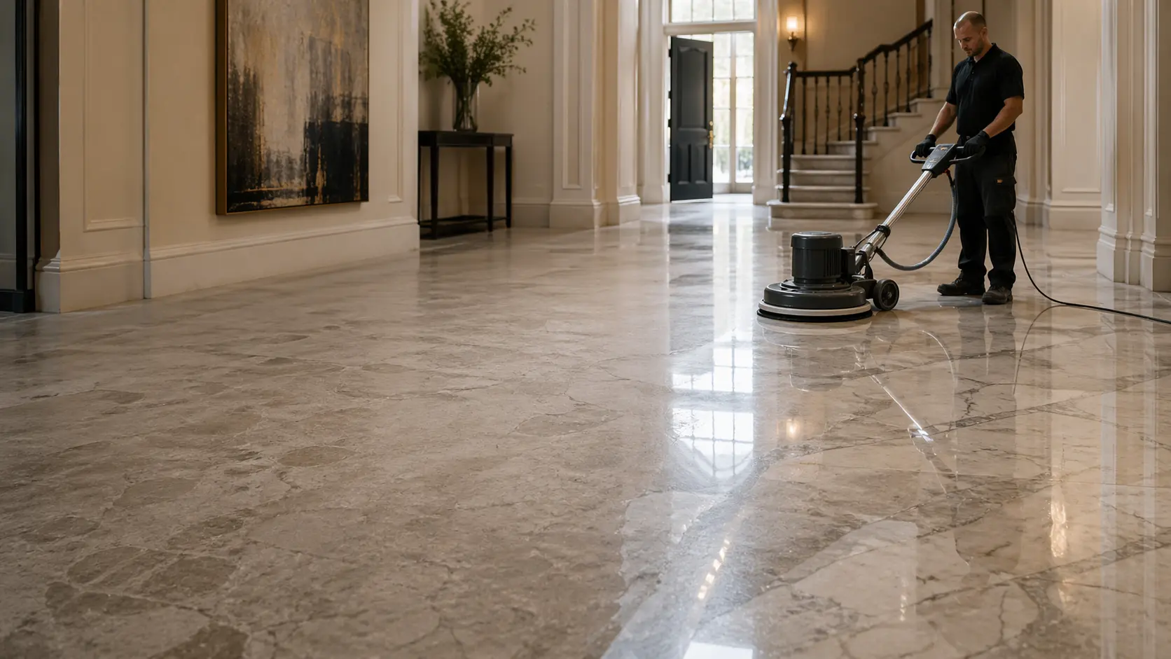 Restoration specialist kneeling to inspect a polished marble floor in a London foyer with fireplace
