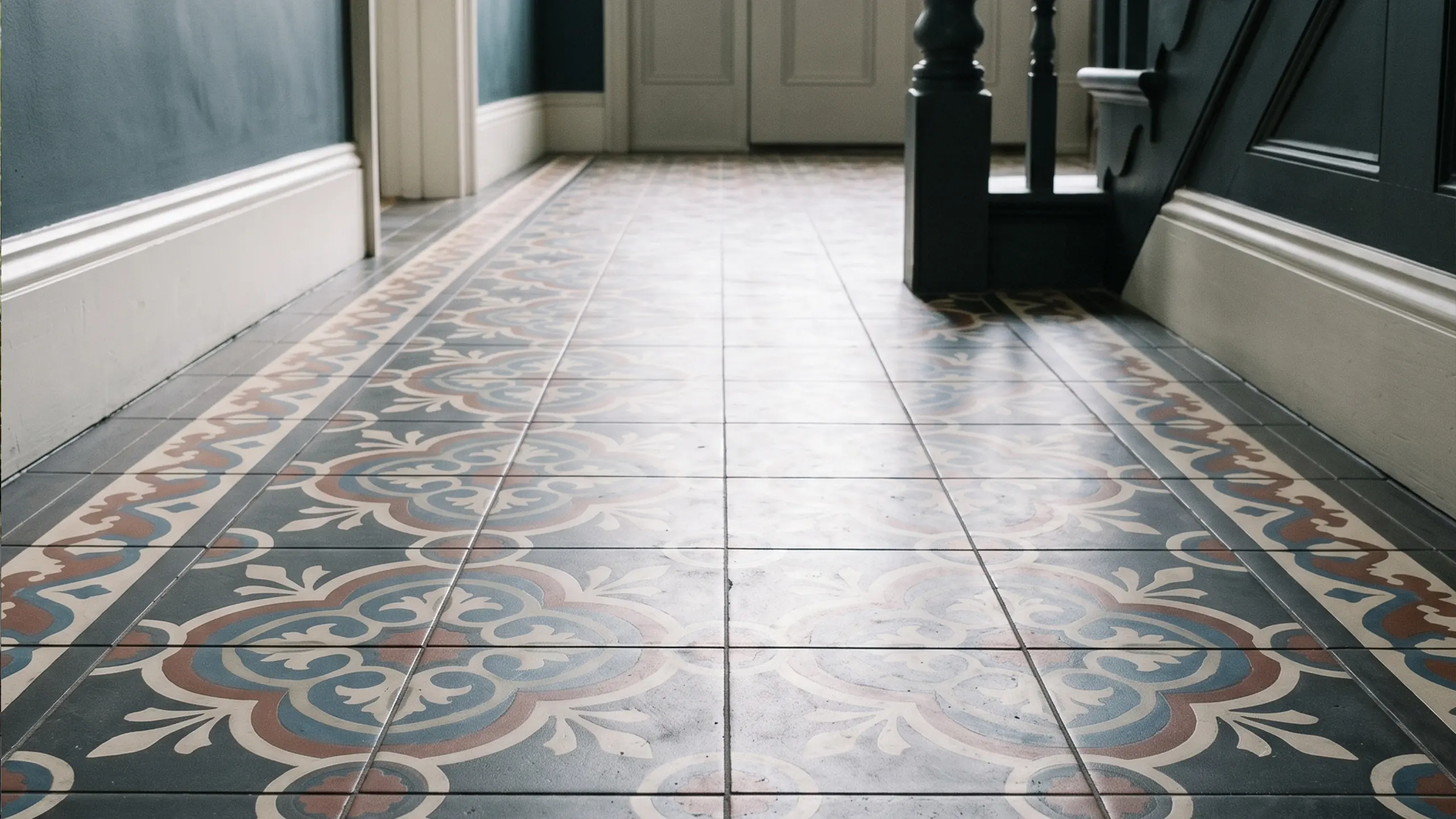 Restored Victorian geometric ceramic floor tiles in a London hallway, deep red, cream and black pattern