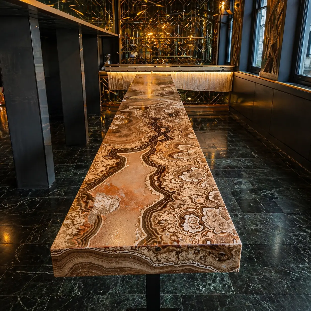 Same onyx bar top after polishing, full translucency and banding pattern revealed, mirror finish restored