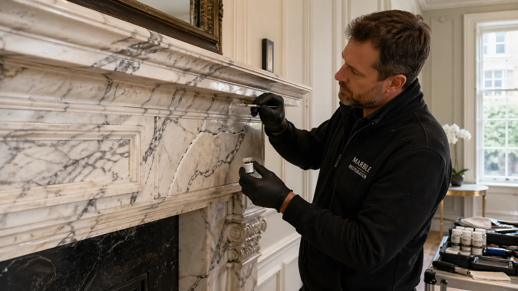 Colour-matched repair on a chipped Calacatta marble worktop edge in a London kitchen