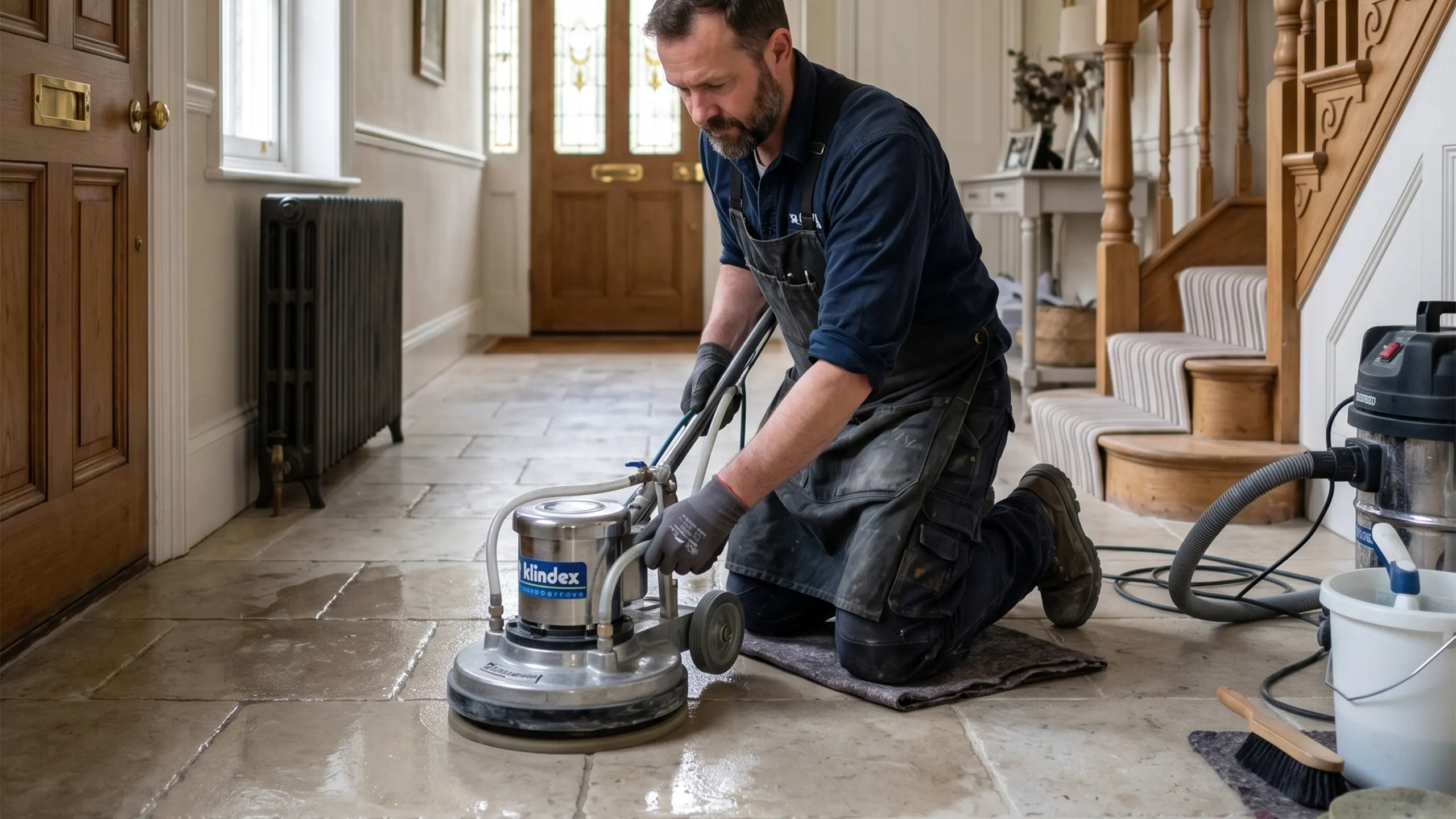 Limestone hallway floor during professional deep cleaning in a London property
