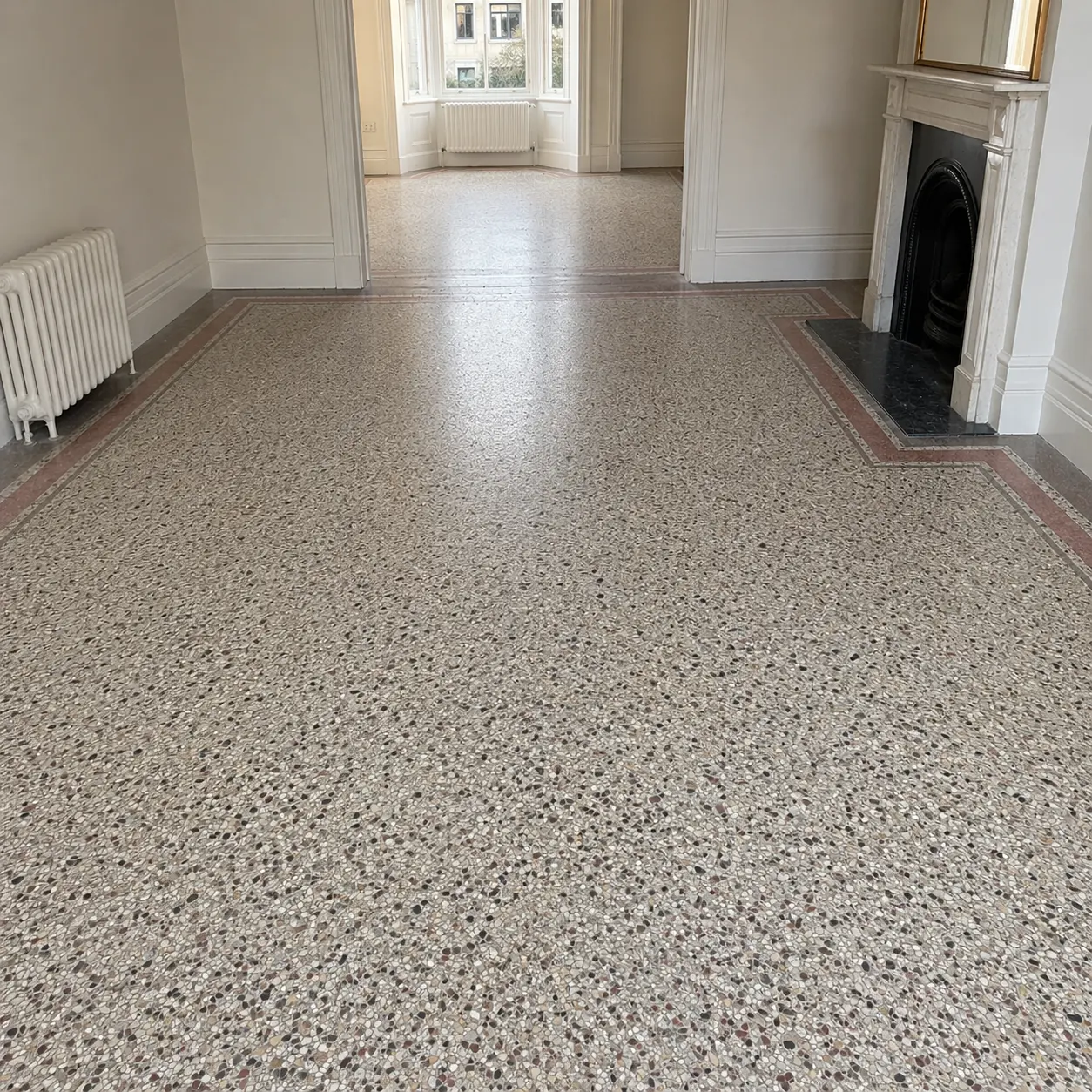 Period terrazzo fireplace and hearth after grinding, honing and sealing in a Bloomsbury residence