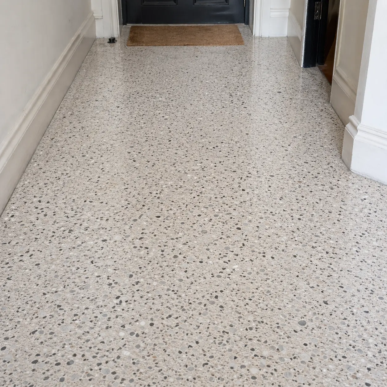Period Italian terrazzo hallway after grinding, lippage removal and honing in an Islington townhouse