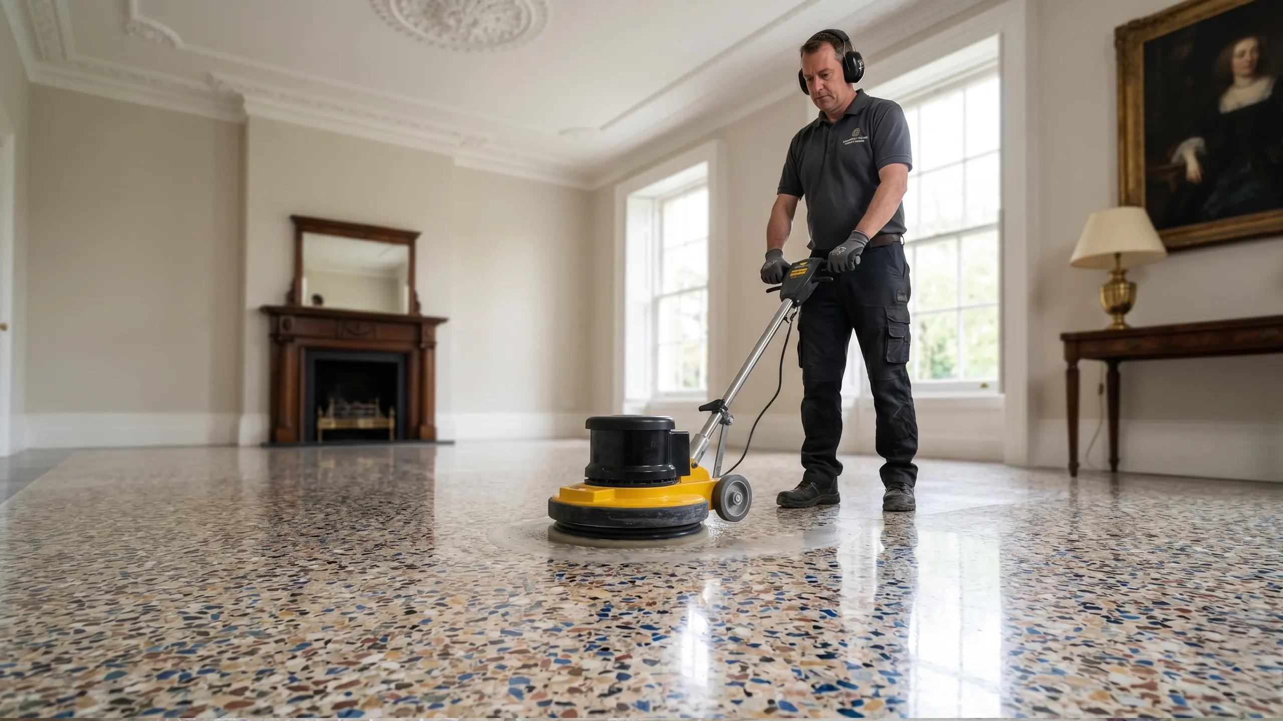 Diamond grinding a terrazzo floor to remove lippage and flatten the surface in a London property