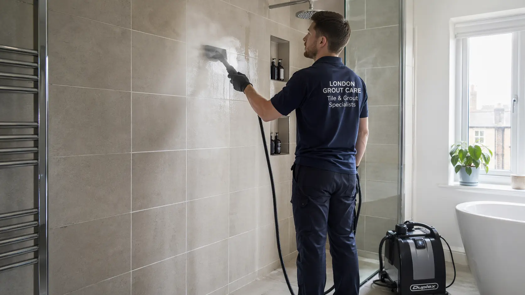 Professionally cleaned grout lines between marble tiles in a London bathroom