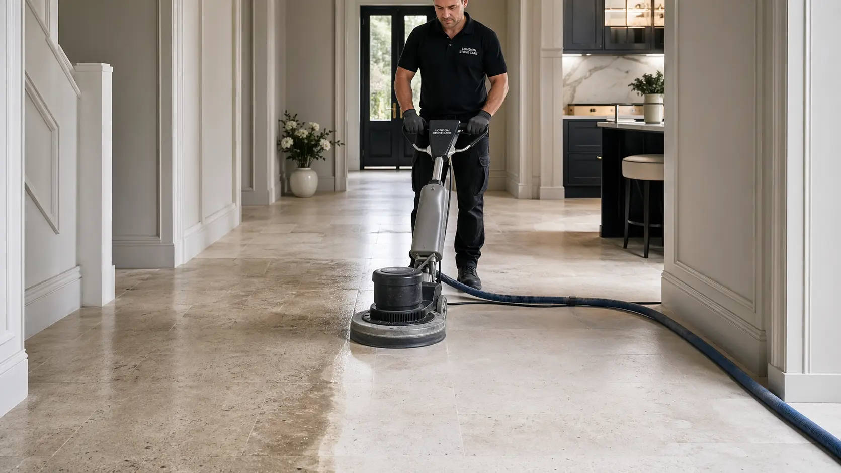 Travertine floor after professional honing to an even matt finish in a London property