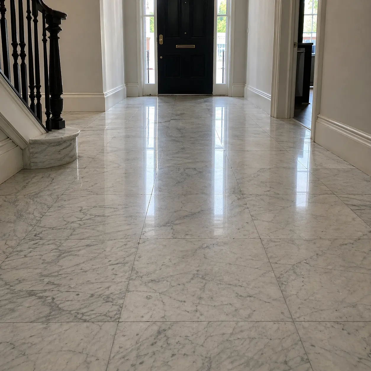 Restored marble foyer floor with mirror polish finish