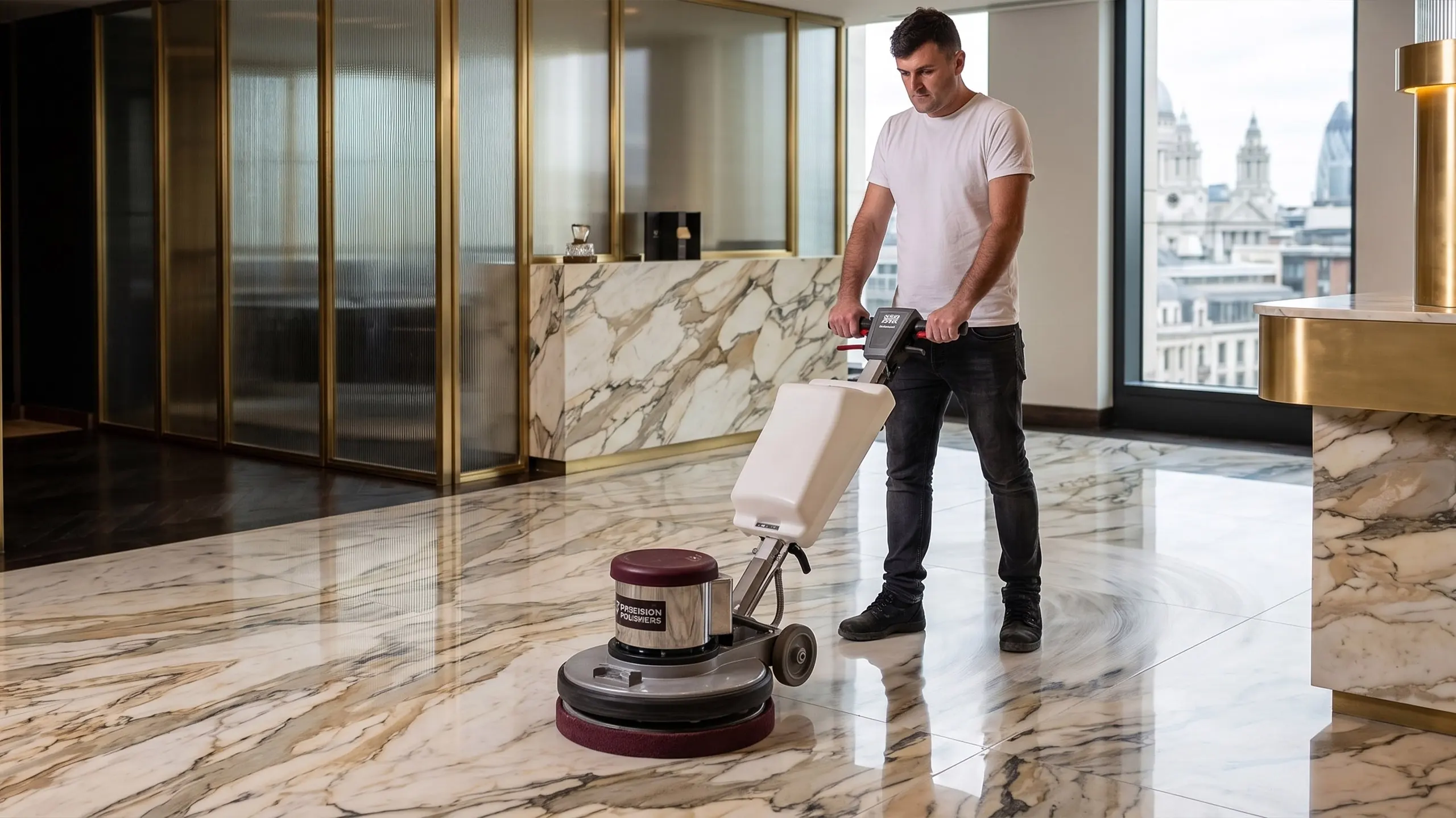 Craftsman polishing a Carrara marble floor to mirror finish with a diamond pad