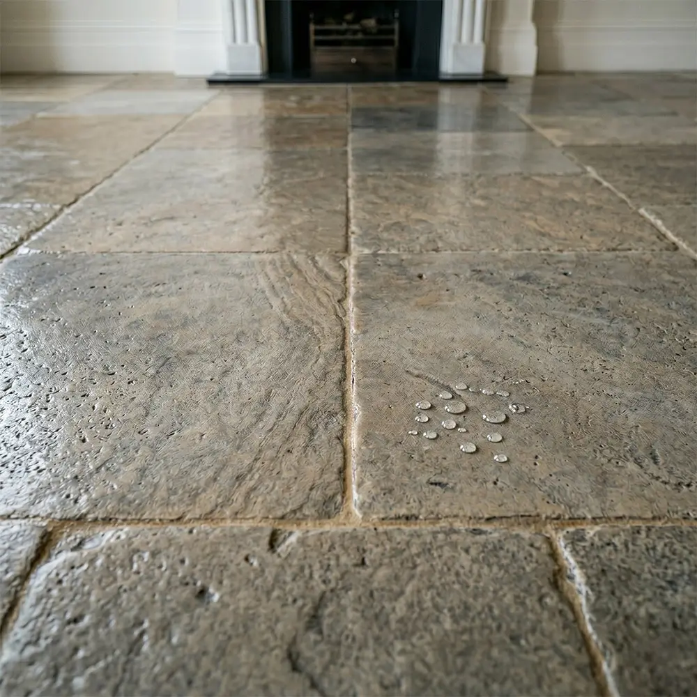Sealed limestone flagstones showing water beading, sealer working correctly