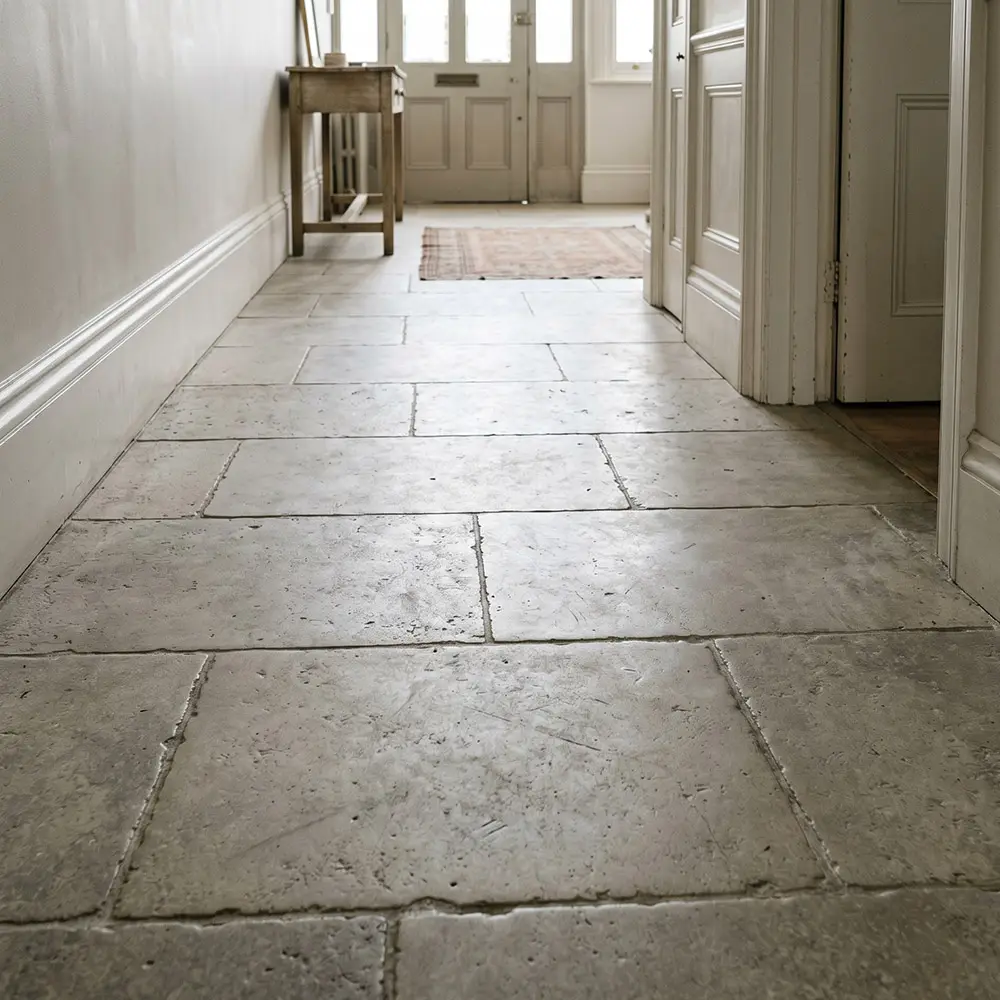 Dry unsealed limestone hallway floor before impregnating sealer