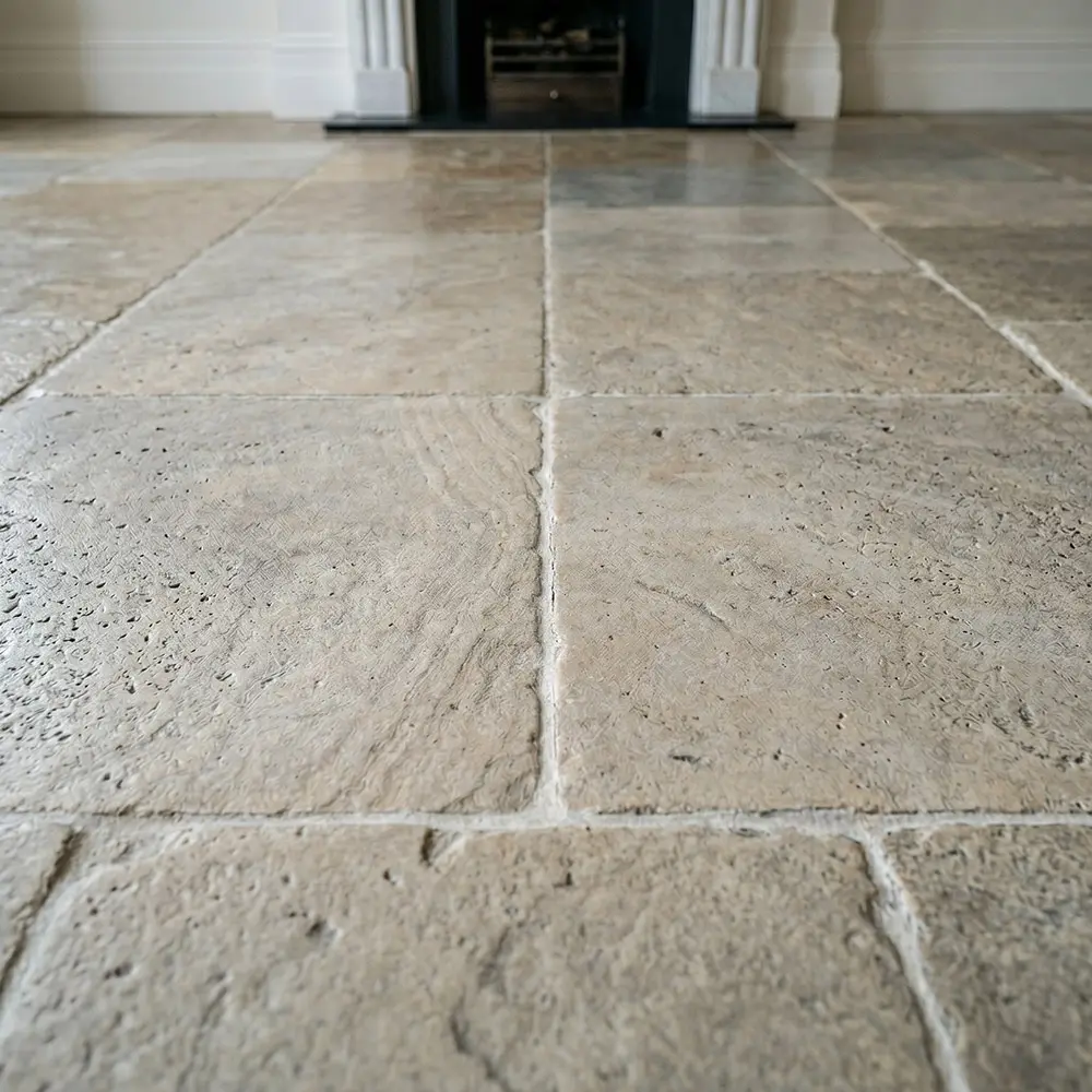 Unsealed limestone flagstones by a fireplace before impregnating sealer