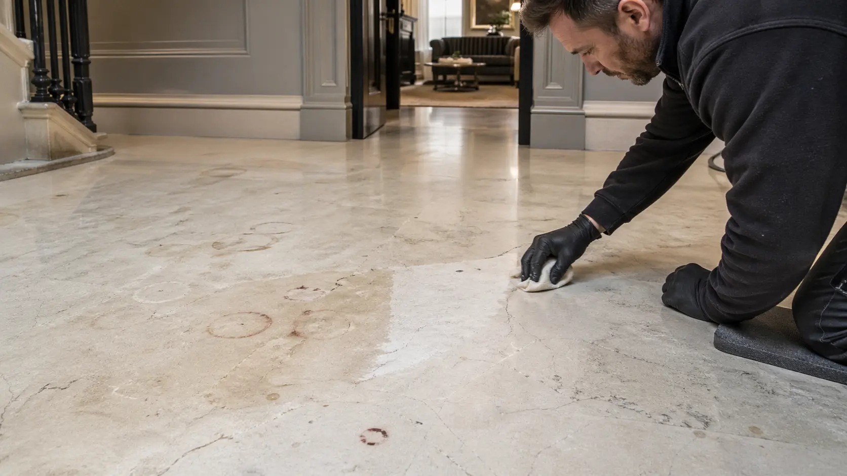 Removing a wine stain from a Calacatta marble worktop in a London kitchen