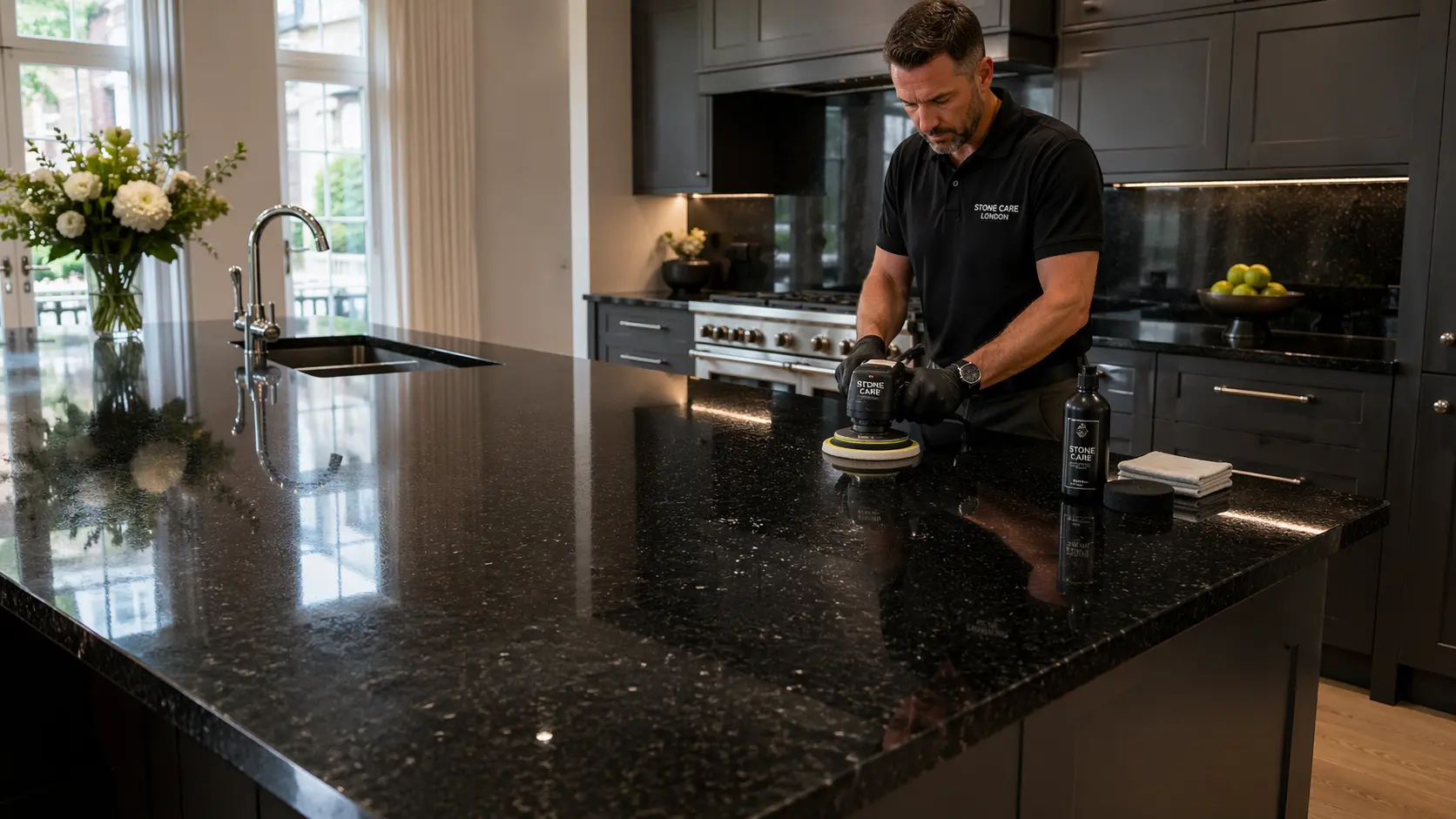Restored Calacatta marble kitchen island worktop with mirror polish in a London home
